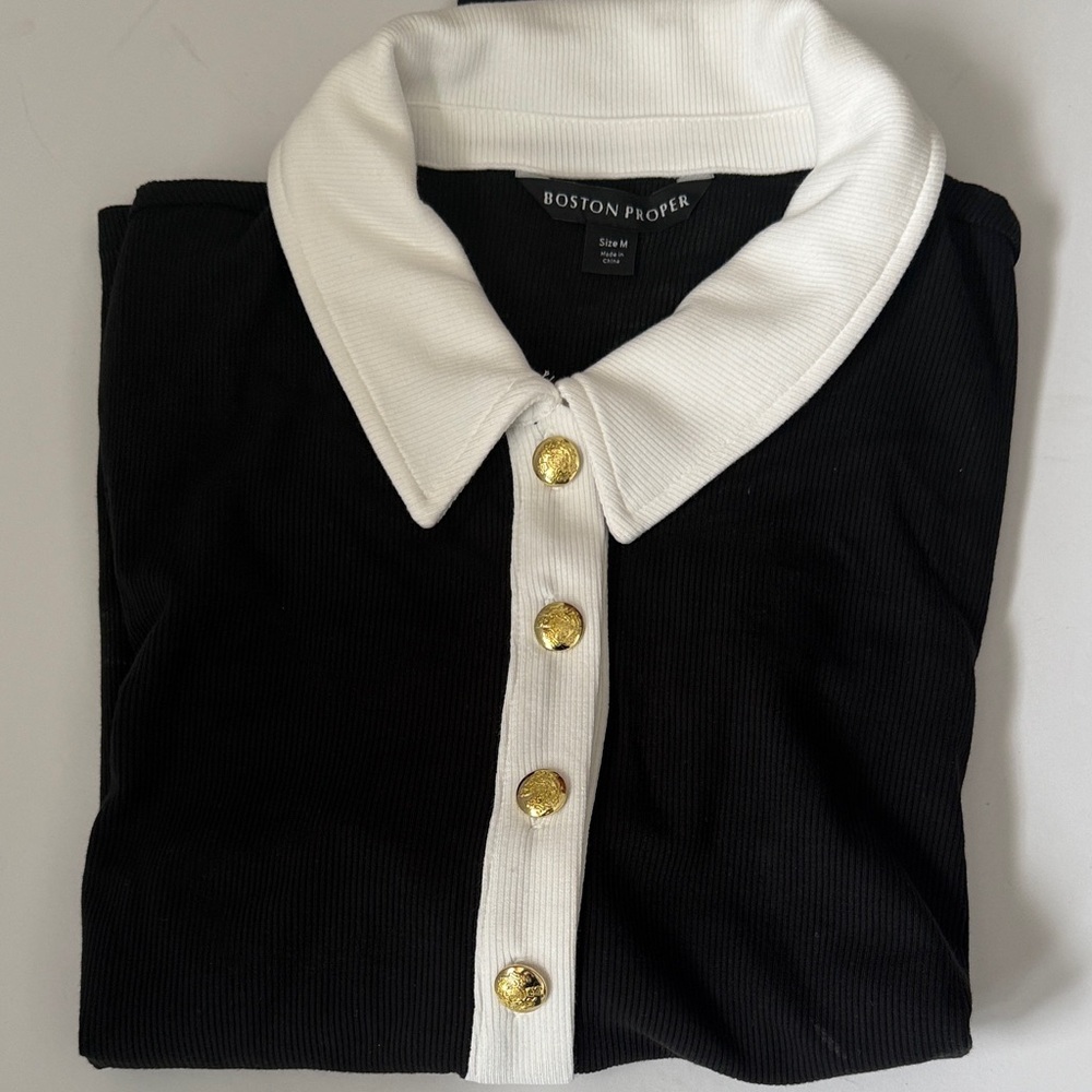 Boston Proper Black Top with White Collar and Gold Buttons nwt